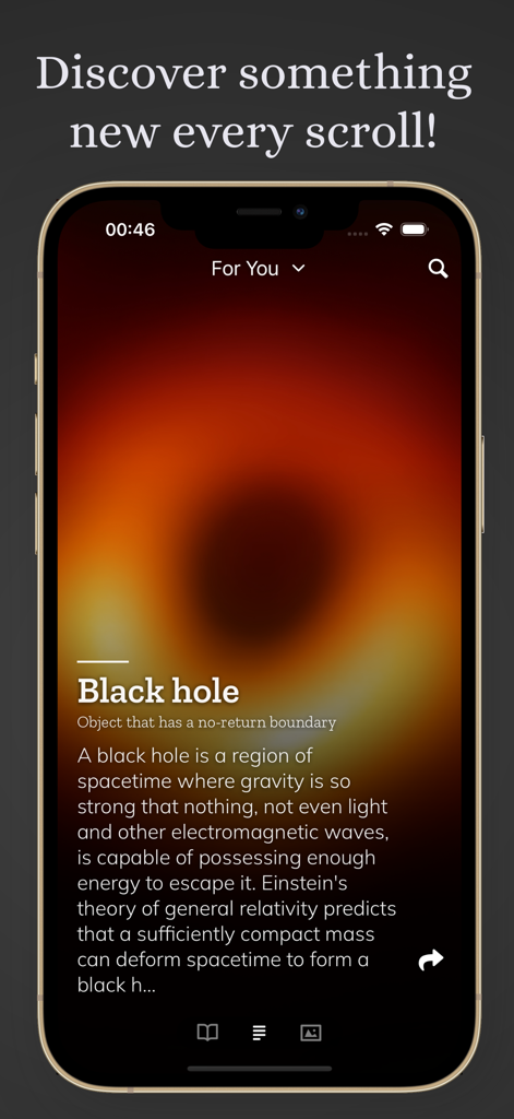 WikTok - Tela de smartphone mostrando o feed vertical do aplicativo WikTok com um fato sobre buracos negros