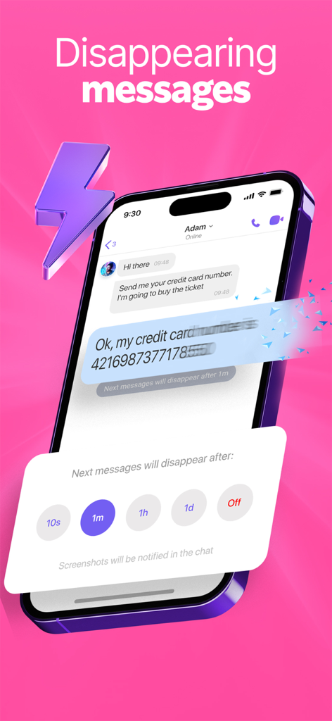 Oberfläche von Rakuten Viber Messenger, die die Funktion für verschwindende Nachrichten mit einem anpassbaren Timer zeigt.