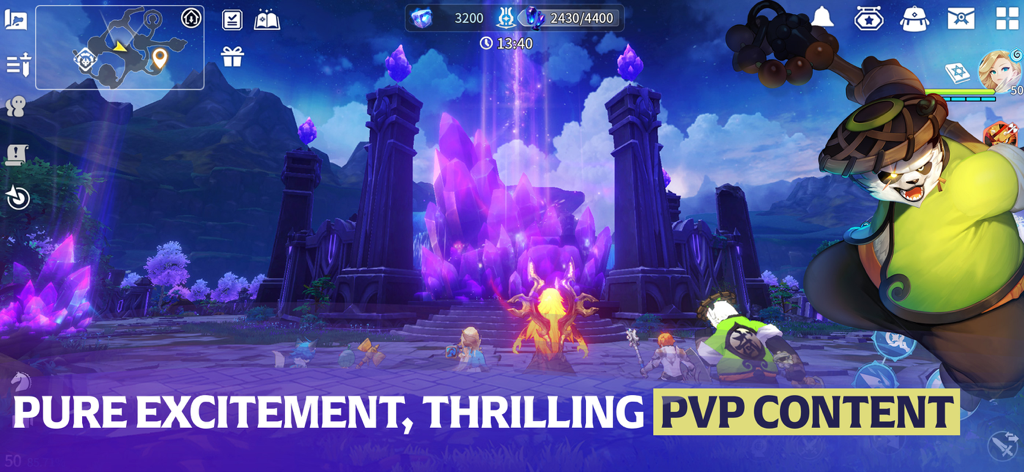 Summoners War: Chronicles - Summoners War Chronicles PvP battle screen featuring a panda character and fantasy environment