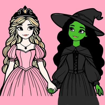 a princess and a witch holding hands realistic