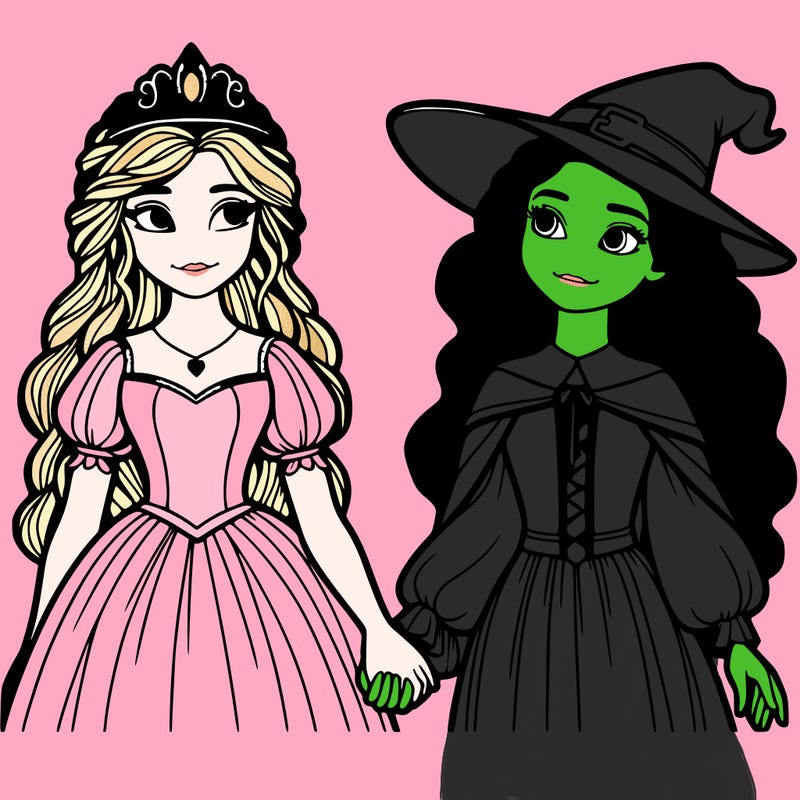a princess and a witch holding hands realistic