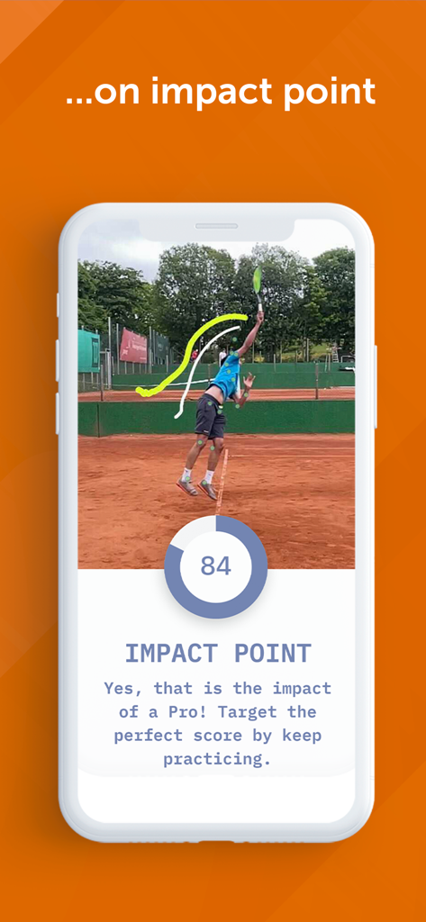 sevensix – Tennis AI Coach - Sevensix app interface showing AI analysis of a tennis serve impact point with a performance score of 84.