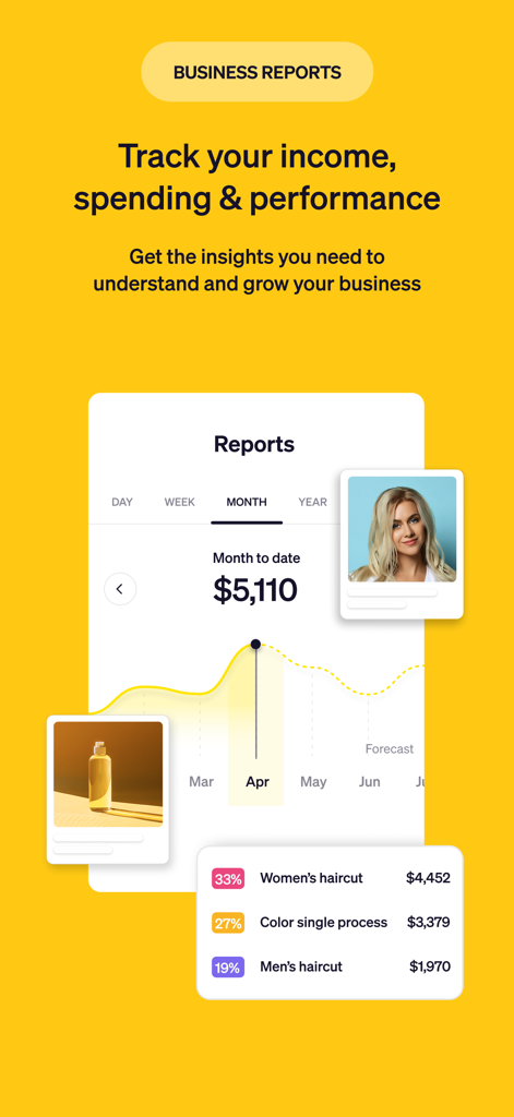 Goldie app dashboard showing business reports, monthly income tracking, and service performance for beauty professionals.