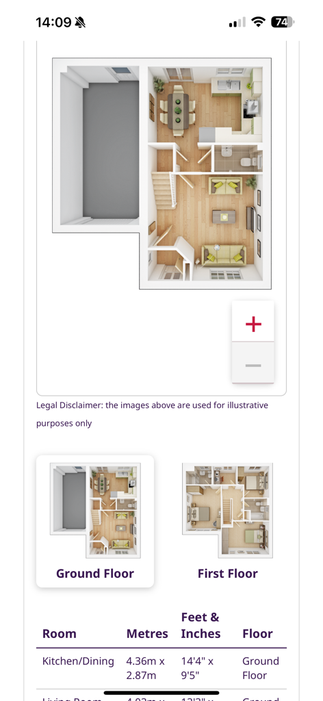 Taylor Wimpey Touchpoint - Taylor Wimpey 앱 화면에 대화형 주택 평면도 및 방 측정값이 표시됨