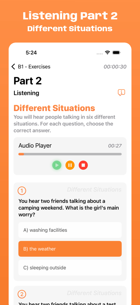 Schermata di pratica di ascolto del Simulatore Esame Cambridge B1 che mostra un lettore audio e una domanda a scelta multipla su un weekend in campeggio.