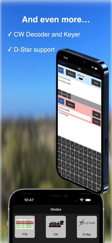 SDR-Control Mobile - SDR-Control Mobile app interface on an iPhone showing CW decoder and D-Star support features