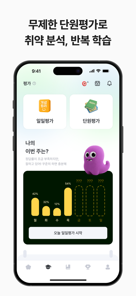 주간 진행률 막대 차트와 학습 평가 옵션이 있는 수학 평가용 모바일 앱 대시보드