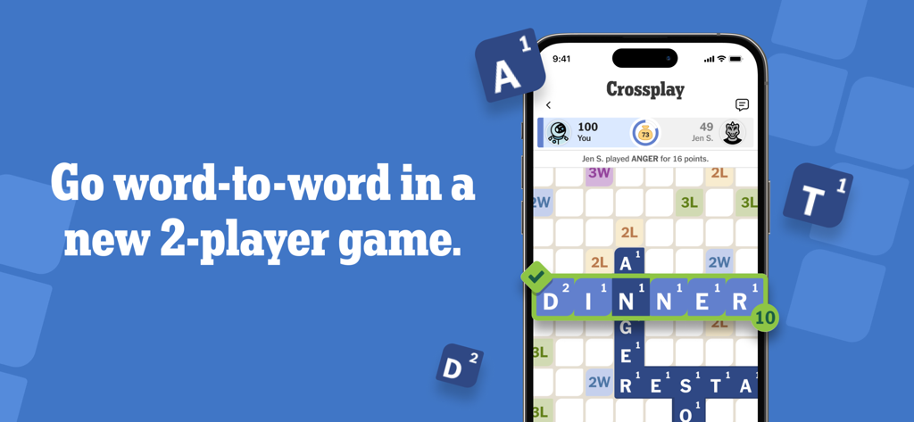NYT Crossplay mobile app interface showing a two player word game with letter tiles on a digital board