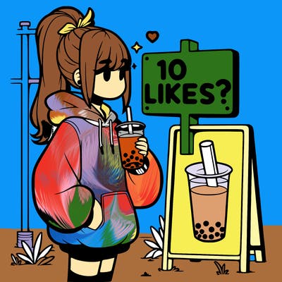 girl with oversized hoodie drinking boba and she has a high ponytail with a sign that says 10likes?
