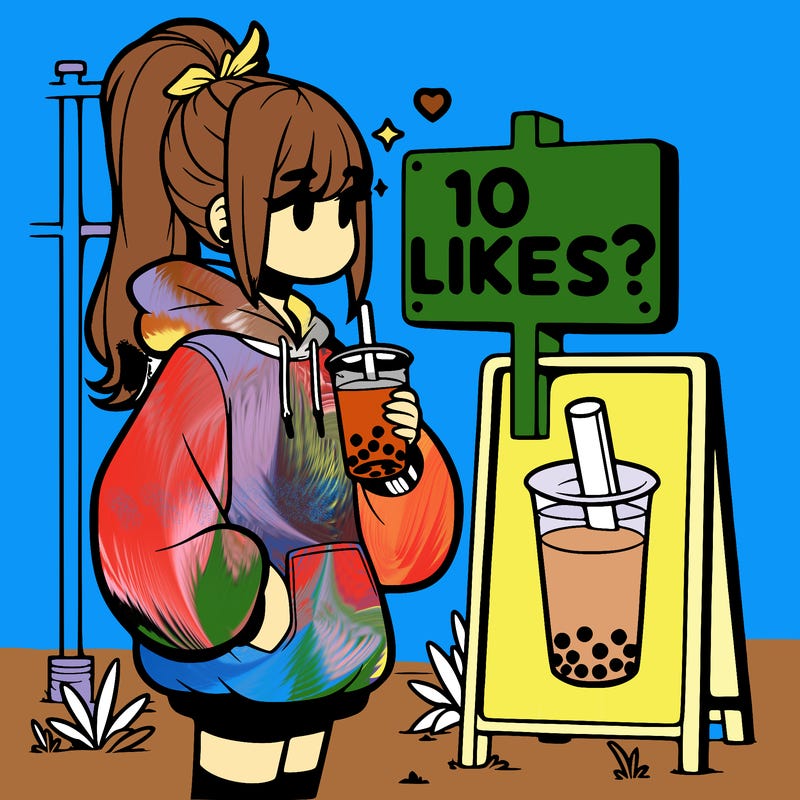 girl with oversized hoodie drinking boba and she has a high ponytail with a sign that says 10likes?