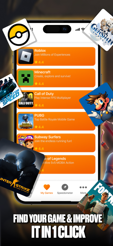 GFX Tool & Games Booster - Mobile app interface showing a list of popular games like Roblox and Call of Duty with a one click optimization button