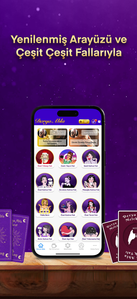 Derya Abla Kahve Falı - Interfaccia dell'app Derya Abla che mostra varie categorie di divinazione come la lettura del caffè e i tarocchi