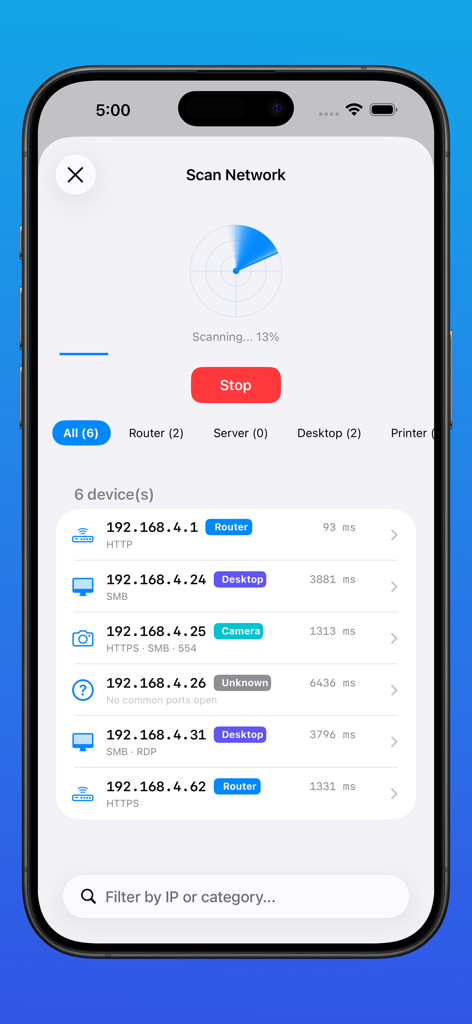 IP Monitoring Tool PingStation - Resultados del escaneo de red en la aplicación PingStation mostrando direcciones IP y tipos de dispositivos