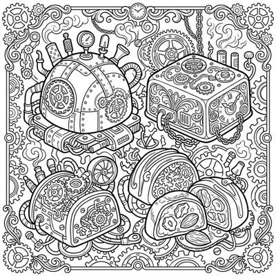 Prepare for a deliciously complex coloring challenge with this Steampunk Pralines design, crafted especially for teens. Each sweet confection is reimagined as a fantastical machine, brimming with gears, pipes, and retro-futuristic charm.