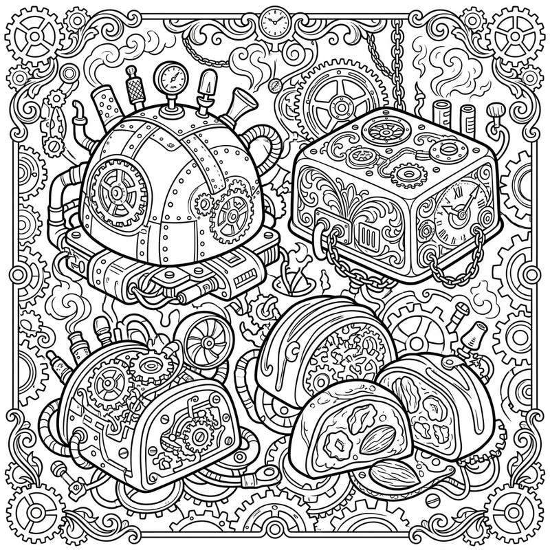 Prepare for a deliciously complex coloring challenge with this Steampunk Pralines design, crafted especially for teens. Each sweet confection is reimagined as a fantastical machine, brimming with gears, pipes, and retro-futuristic charm.