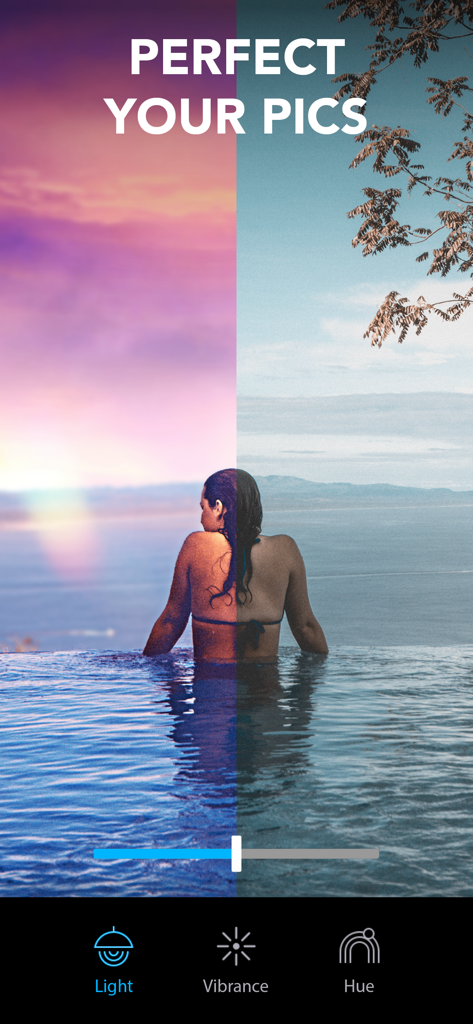 Vorher-Nachher-Vergleich im Split-Screen-Modus, der ein mit Lightleap bearbeitetes Foto zur Verbesserung der Sonnenuntergangsfarben und Lichteinstellungen zeigt