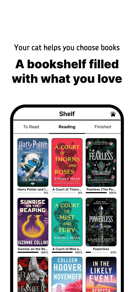 A mobile app interface showing a digital bookshelf categorized into To Read, Reading, and Finished tabs with book covers and reading progress bars.