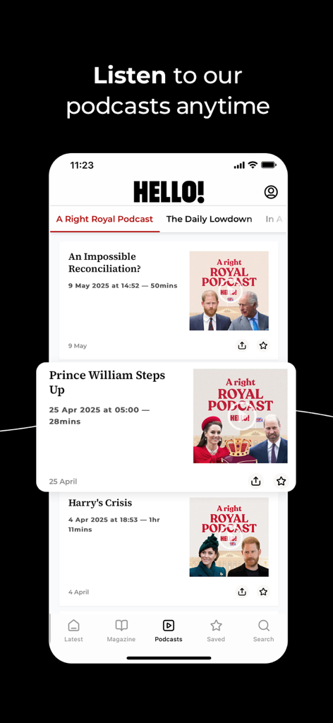 HELLO! Magazine UK app podcast screen featuring British Royal Family episodes