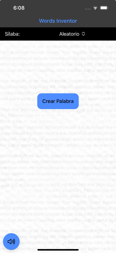 Words Inventor app interface featuring a central Create Word button and syllable customization settings