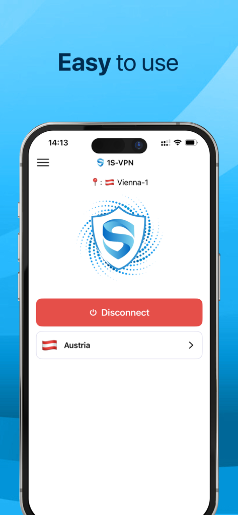 1S VPN- Secure Unlimited Proxy - 1S VPN app interface showing a simple one tap connection screen with a server location in Austria