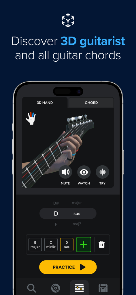 A 3D hand model showing finger positions for a D sus chord on a guitar neck within the Chordie AI app.