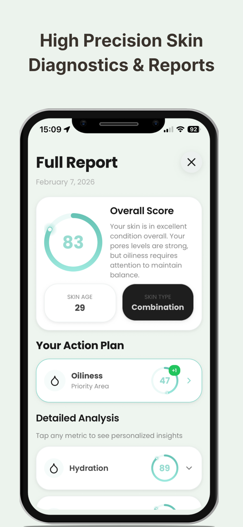 Full skin diagnostics report on Glow app showing skin score and age