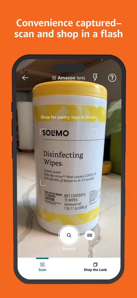 Amazon Shopping app interface showing the Amazon Lens feature scanning a product for quick purchasing