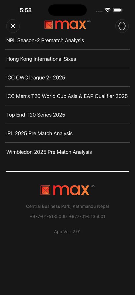 A list of sports events and tournaments available on the Kantipur Max HD mobile app menu