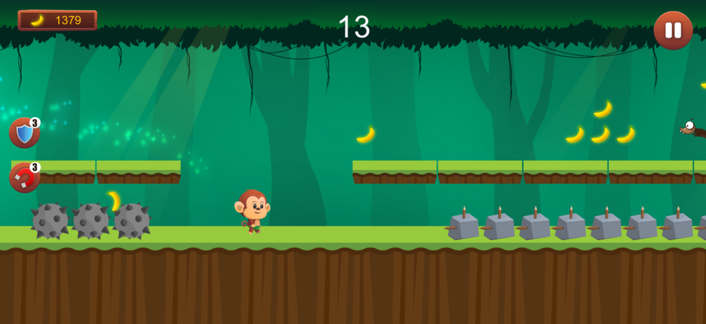 A small monkey character runs through a tropical jungle collecting bananas and avoiding obstacles