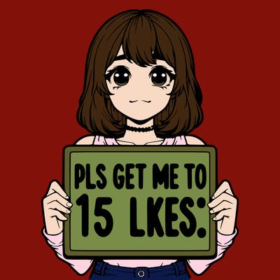 realistic girl holding up a sign that says “pls get me to 15 likes!”