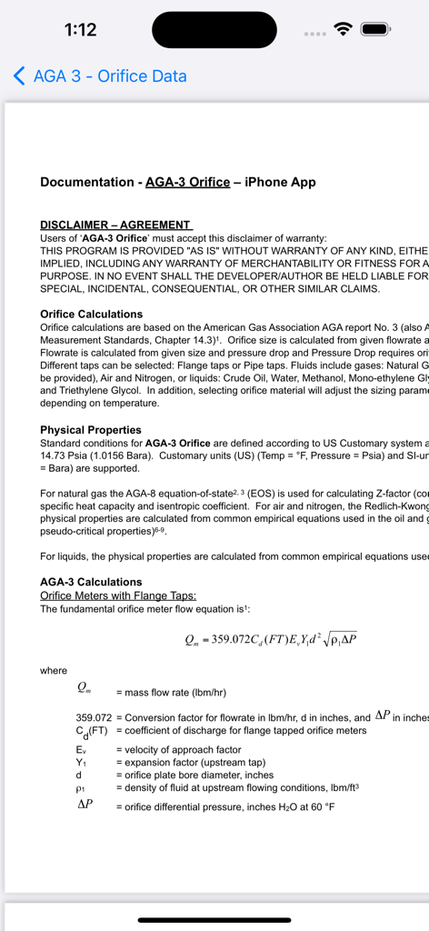 Technical documentation and orifice meter flow equation in the AGA-3 Orifice app