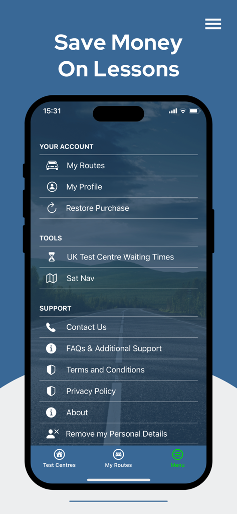 Tela principal do menu do aplicativo Rotas de Teste de Condução mostrando ferramentas de navegação e configurações de conta