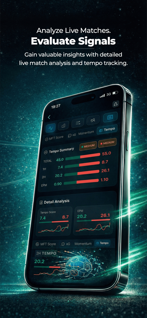Shutli - Live Match Analysis - Shutli app interface showing AI powered live soccer match analysis and tempo tracking data