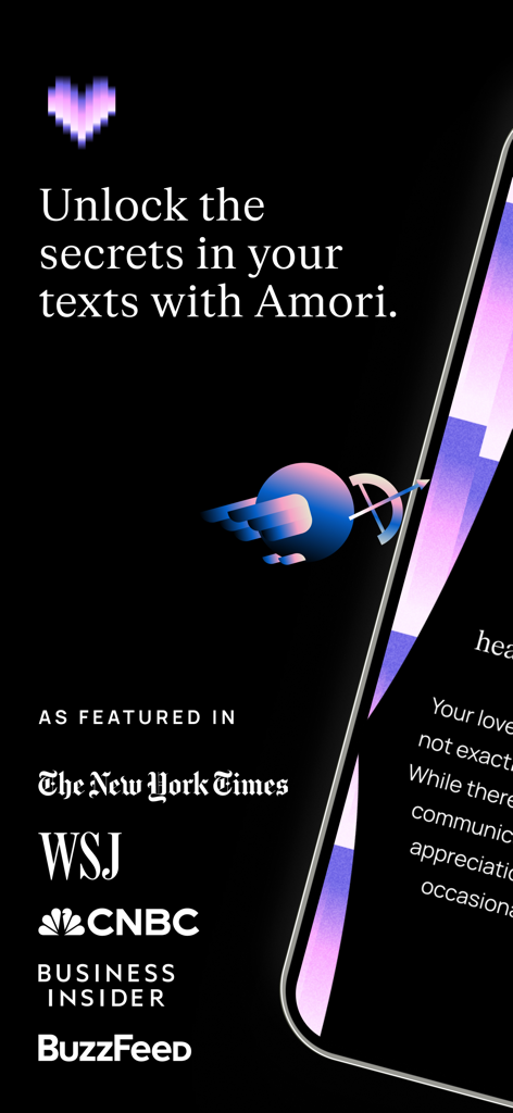 Amori: personal dating coach - Amori dating coach app promotional screen showing major news publication logos and its slogan about unlocking secrets in text messages.