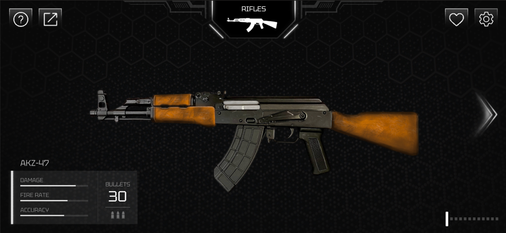 Interface of the Real Gun app featuring an AK-47 rifle with weapon statistics
