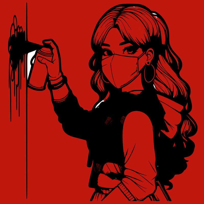 realistic girl with mask spray painting a wall