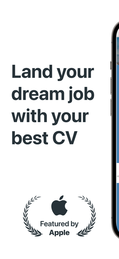 Promotional screen for the Resume AI app featuring the text Land your dream job with your best CV and a Featured by Apple badge
