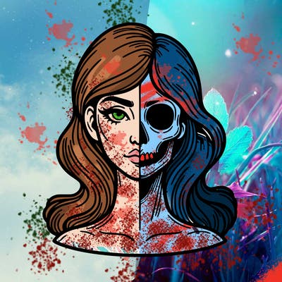 bust of a woman, half face and hair, half skull