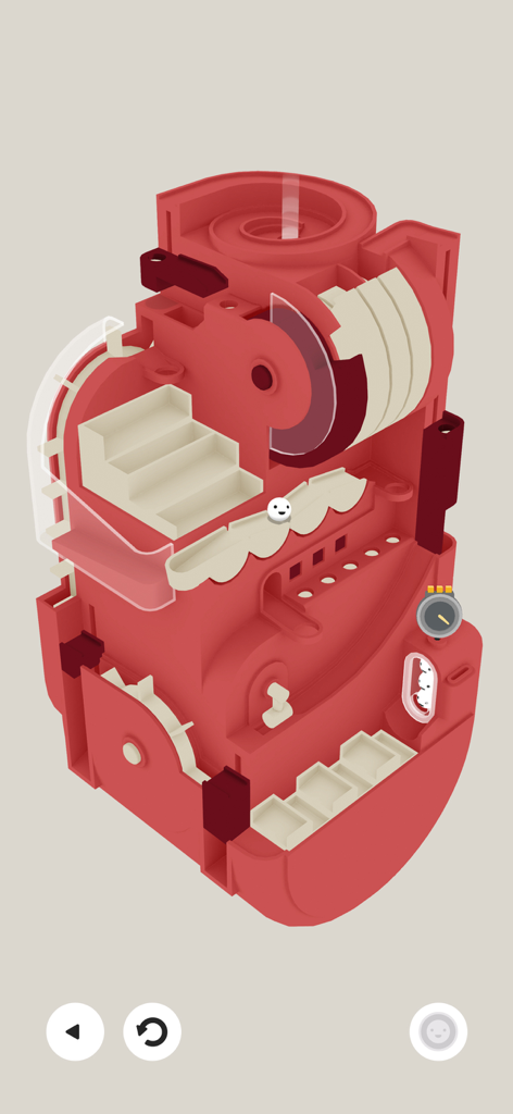 Automatoys - A red mechanical toy obstacle course with a white ball in the Automatoys game.