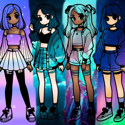 one girl with crop-top shirt and a jacket with a skirt, long socks and another girl with a shirt and pants with a jacket