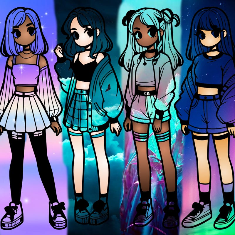 one girl with crop-top shirt and a jacket with a skirt, long socks and another girl with a shirt and pants with a jacket