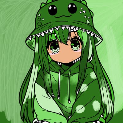 girl with anime shaped eyes with a dinosaur bucket hat oversized sweatshirt long straight hair