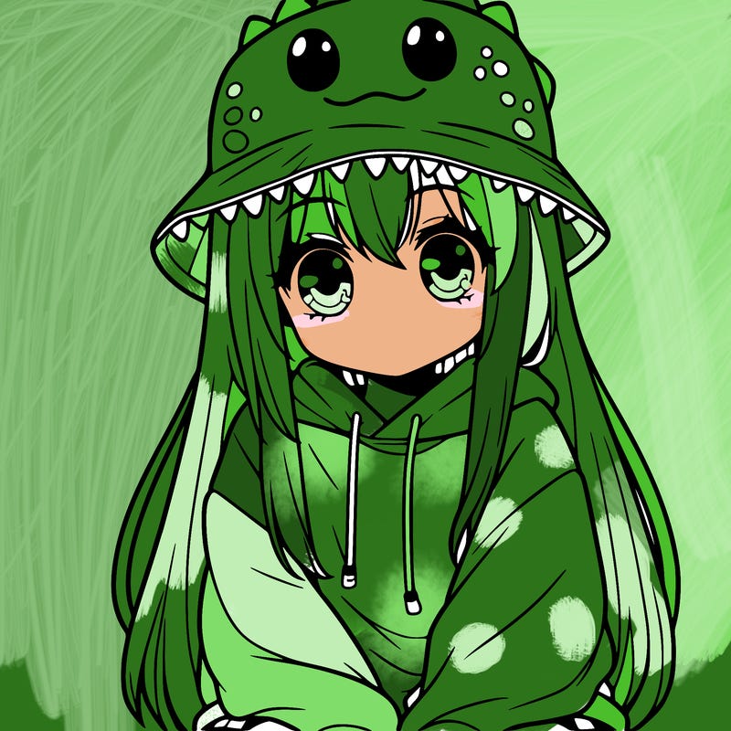 girl with anime shaped eyes with a dinosaur bucket hat oversized sweatshirt long straight hair