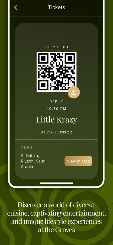 Uno schermo mobile che mostra un e-ticket digitale con un codice QR per un evento chiamato Little Krazy al The Groves di Riyadh.