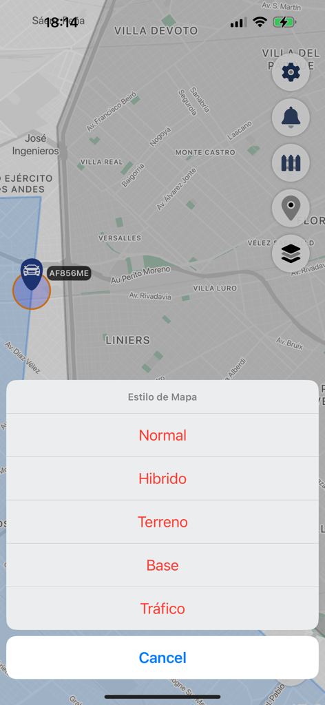 Cusat View - Interfaz de la aplicación Cusat View que muestra el menú de selección de estilo de mapa para el rastreo de activos sobre un mapa de calles