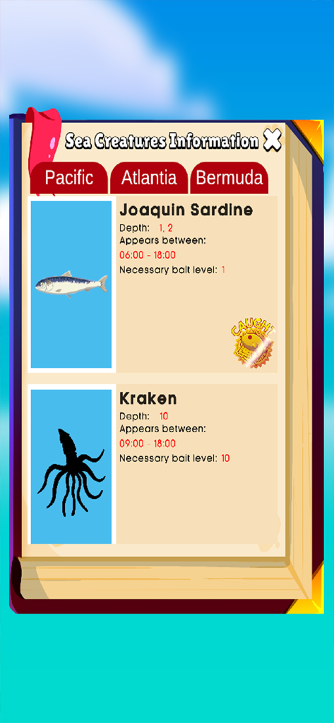 One Fish: Fishercat Collector - Pantalla de Información de Criaturas Marinas en One Fish Fishercat Collector mostrando las estadísticas de Joaquin Sardine y Kraken