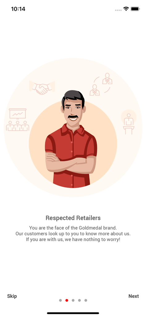 Dhan Barse app onboarding screen for retailers featuring a welcoming message and a professional illustration.