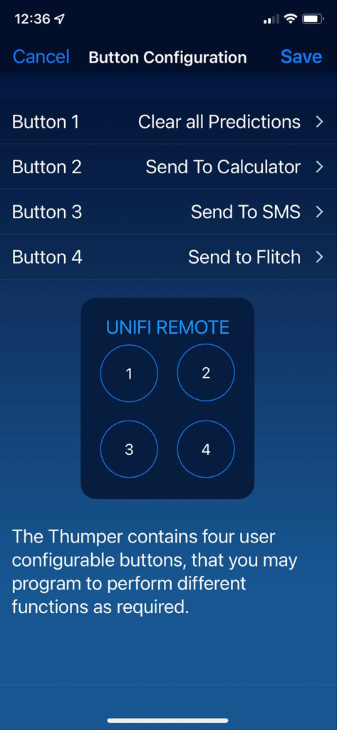 Unifi Thumper app button configuration screen for a four button remote interface used in magic and mentalism performances.