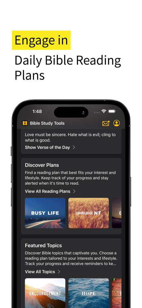 Bible Study Tools - Bible Study Tools app interface showing daily reading plans and featured topics like hope and encouragement