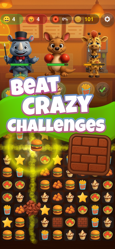 Schermata di gameplay di Serve Rush che mostra un puzzle match-3 a tema cibo con adorabili clienti animali.